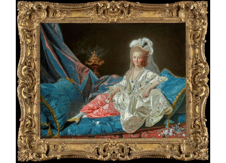 'La Turque', presumed portrait of Mademoiselle Duthé (1748-1830), mistress of the Comte d'Artois, full-length, reclining on an 'ottomane'