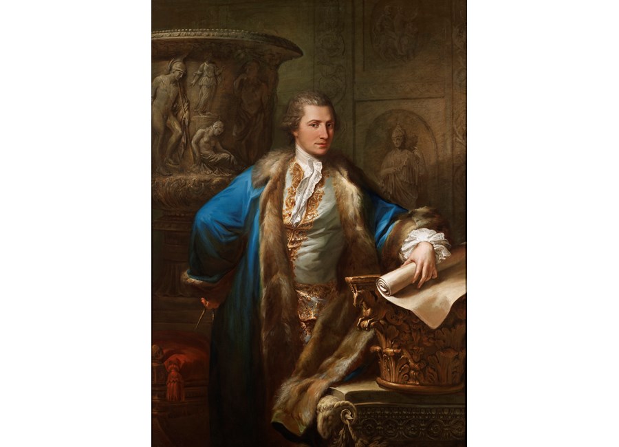 Portrait of James Adam (1732-1794), in an embroidered waistcoat and 
fur-lined blue coat, holding a pair of compasses and a scroll
