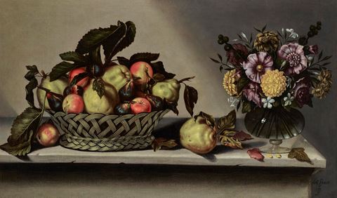 A basket of apples and quinces and flowers in a glass vase on a stone ledge