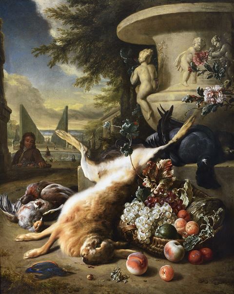 A grouse, kingfisher, and other game birds with a hare and a basket of fruit at the foot of a carved stone urn, an Italianate garden with a fountain beyond